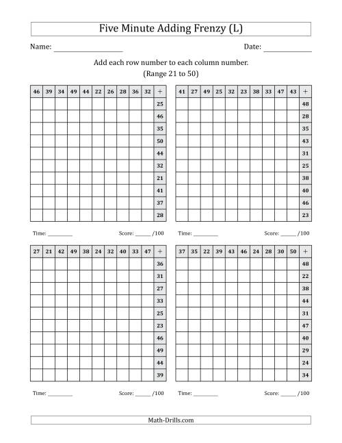 The Five Minute Adding Frenzy (Addend Range 21 to 50) (4 Charts) (Left-Handed) (L) Math Worksheet