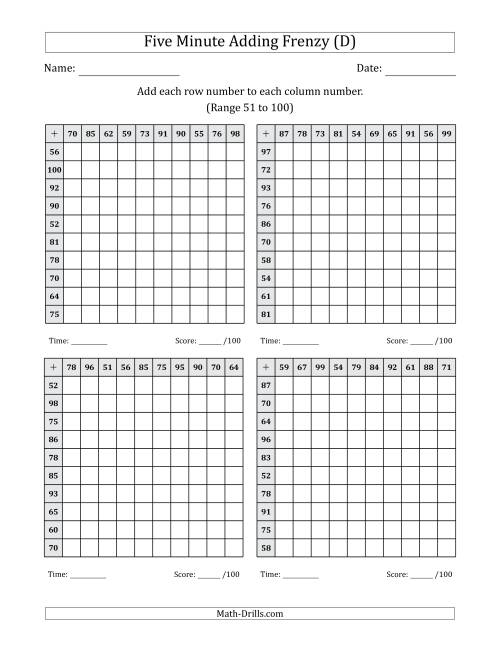 The Five Minute Adding Frenzy (Addend Range 51 to 100) (4 Charts) (D) Math Worksheet