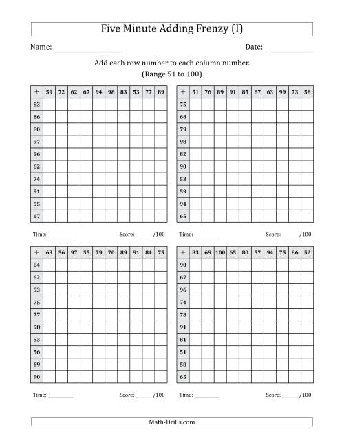 The Five Minute Adding Frenzy (Addend Range 51 to 100) (4 Charts) (I) Math Worksheet