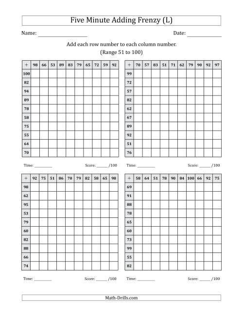 The Five Minute Adding Frenzy (Addend Range 51 to 100) (4 Charts) (L) Math Worksheet