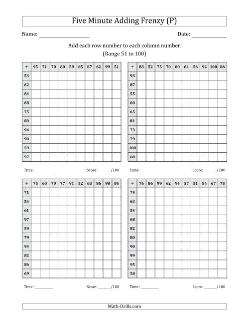 The Five Minute Adding Frenzy (Addend Range 51 to 100) (4 Charts) (P) Math Worksheet