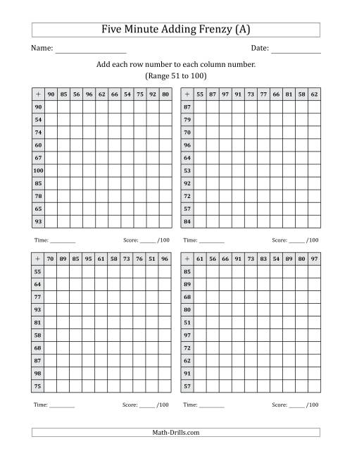 The Five Minute Adding Frenzy (Addend Range 51 to 100) (4 Charts) (All) Math Worksheet