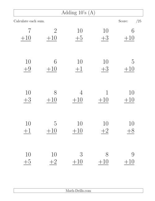 The 25 Vertical Adding Tens Questions (A) Math Worksheet