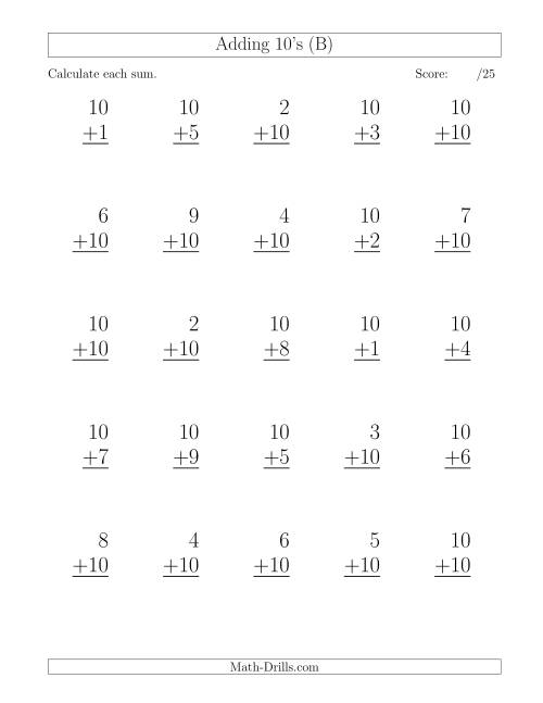The 25 Vertical Adding Tens Questions (B) Math Worksheet