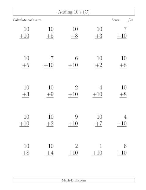 The 25 Vertical Adding Tens Questions (C) Math Worksheet