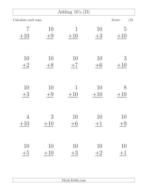 The 25 Vertical Adding Tens Questions (D) Math Worksheet