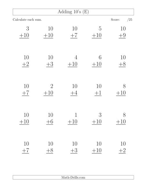 The 25 Vertical Adding Tens Questions (E) Math Worksheet