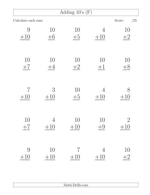 The 25 Vertical Adding Tens Questions (F) Math Worksheet