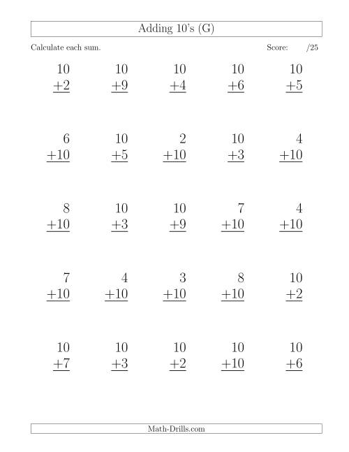 The 25 Vertical Adding Tens Questions (G) Math Worksheet