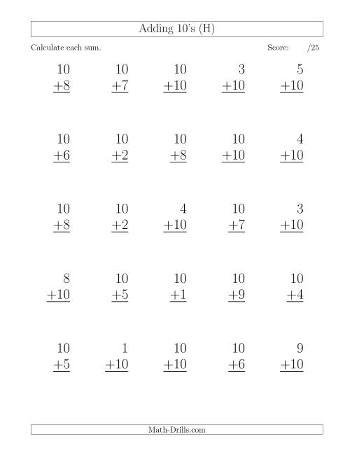 The 25 Vertical Adding Tens Questions (H) Math Worksheet