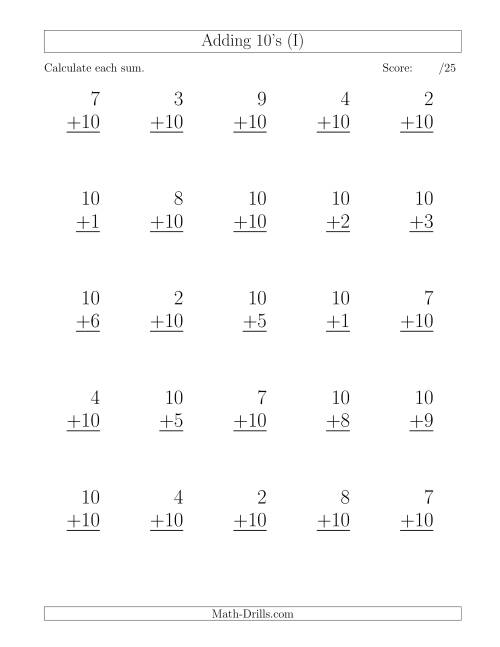 The 25 Vertical Adding Tens Questions (I) Math Worksheet
