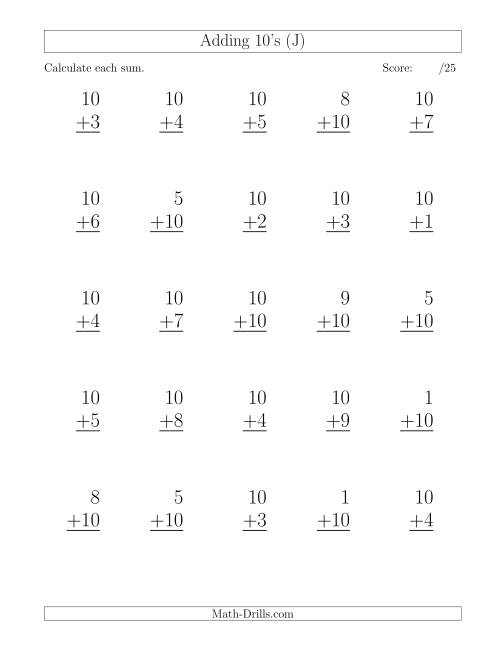 The 25 Vertical Adding Tens Questions (J) Math Worksheet