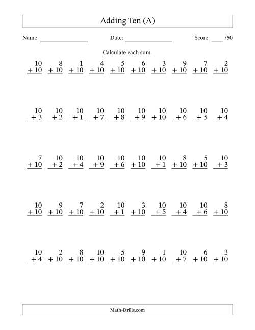 The Adding Ten With The Other Addend From 1 to 10 – 50 Questions (A) Math Worksheet
