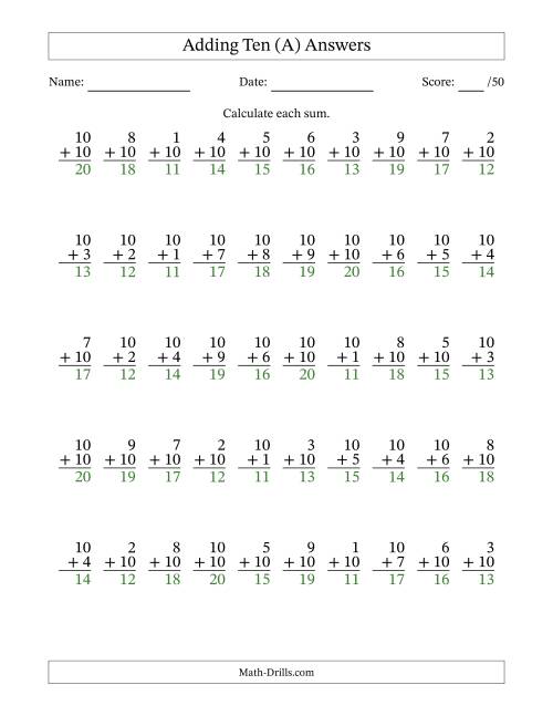 The Adding Ten With The Other Addend From 1 to 10 – 50 Questions (A) Math Worksheet Page 2