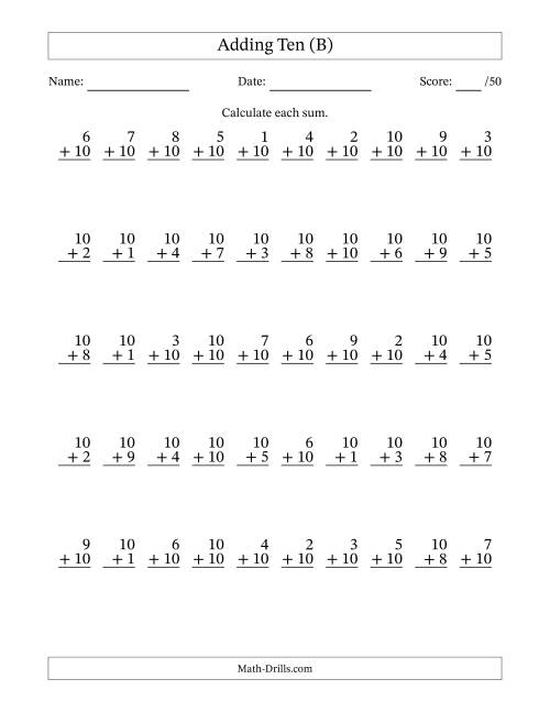 The Adding Ten With The Other Addend From 1 to 10 – 50 Questions (B) Math Worksheet