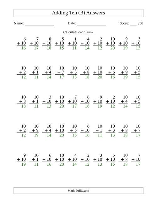 The Adding Ten With The Other Addend From 1 to 10 – 50 Questions (B) Math Worksheet Page 2