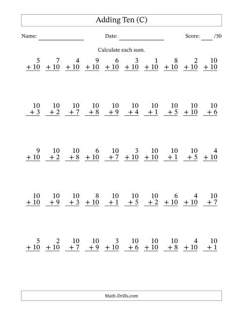 The Adding Ten With The Other Addend From 1 to 10 – 50 Questions (C) Math Worksheet
