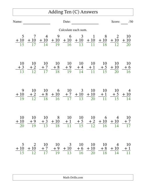 The Adding Ten With The Other Addend From 1 to 10 – 50 Questions (C) Math Worksheet Page 2