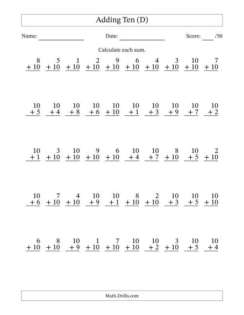 The Adding Ten With The Other Addend From 1 to 10 – 50 Questions (D) Math Worksheet