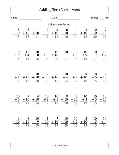 The Adding Ten With The Other Addend From 1 to 10 – 50 Questions (D) Math Worksheet Page 2