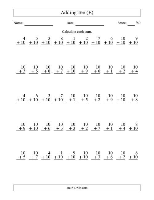 The Adding Ten With The Other Addend From 1 to 10 – 50 Questions (E) Math Worksheet