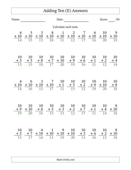 The Adding Ten With The Other Addend From 1 to 10 – 50 Questions (E) Math Worksheet Page 2