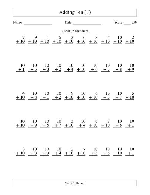 The Adding Ten With The Other Addend From 1 to 10 – 50 Questions (F) Math Worksheet