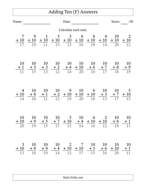 The Adding Ten With The Other Addend From 1 to 10 – 50 Questions (F) Math Worksheet Page 2