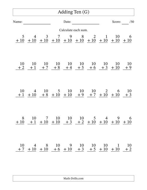 The Adding Ten With The Other Addend From 1 to 10 – 50 Questions (G) Math Worksheet