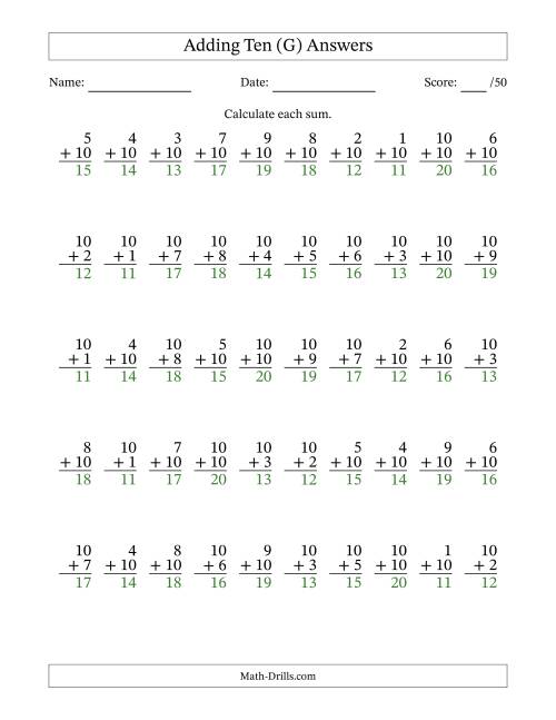 The Adding Ten With The Other Addend From 1 to 10 – 50 Questions (G) Math Worksheet Page 2