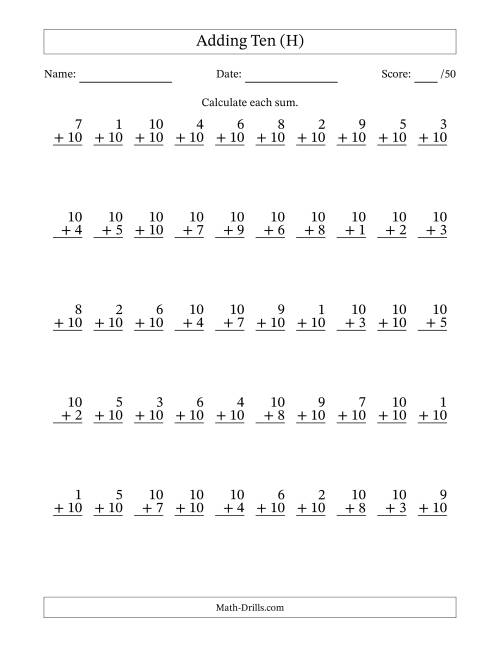 The Adding Ten With The Other Addend From 1 to 10 – 50 Questions (H) Math Worksheet