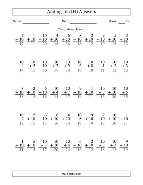 The Adding Ten With The Other Addend From 1 to 10 – 50 Questions (H) Math Worksheet Page 2