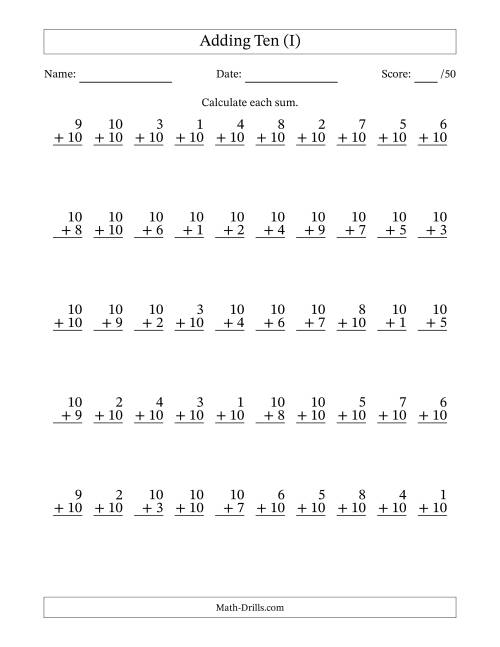 The Adding Ten With The Other Addend From 1 to 10 – 50 Questions (I) Math Worksheet