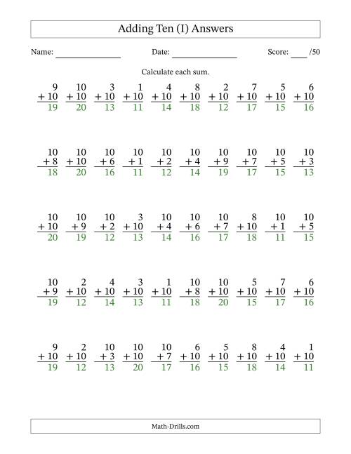 The Adding Ten With The Other Addend From 1 to 10 – 50 Questions (I) Math Worksheet Page 2