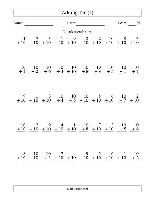 The Adding Ten With The Other Addend From 1 to 10 – 50 Questions (J) Math Worksheet