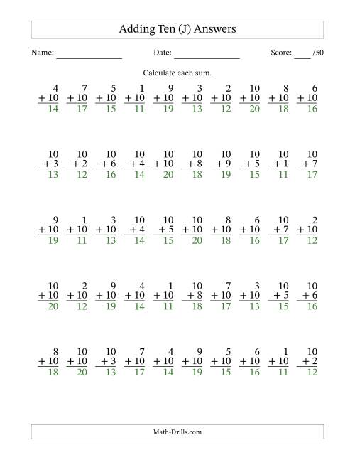 The Adding Ten With The Other Addend From 1 to 10 – 50 Questions (J) Math Worksheet Page 2