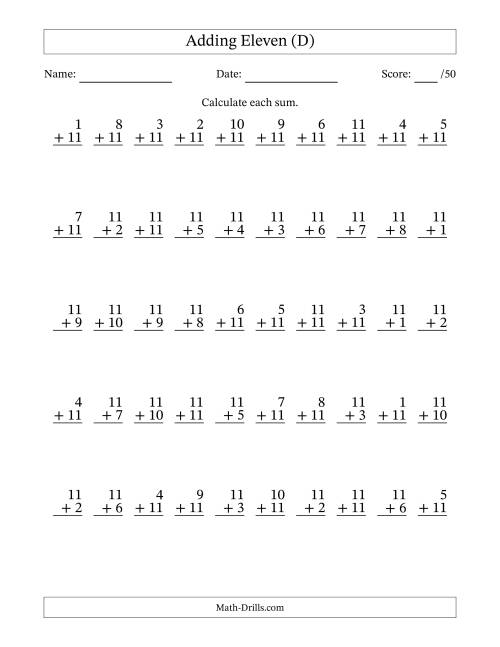 The Adding Eleven With The Other Addend From 1 to 11 – 50 Questions (D) Math Worksheet