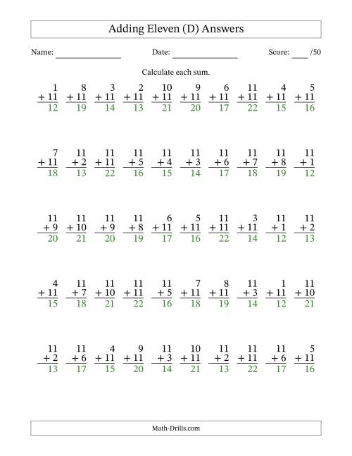 The Adding Eleven With The Other Addend From 1 to 11 – 50 Questions (D) Math Worksheet Page 2