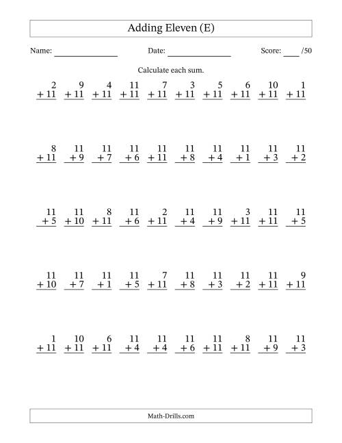 The Adding Eleven With The Other Addend From 1 to 11 – 50 Questions (E) Math Worksheet