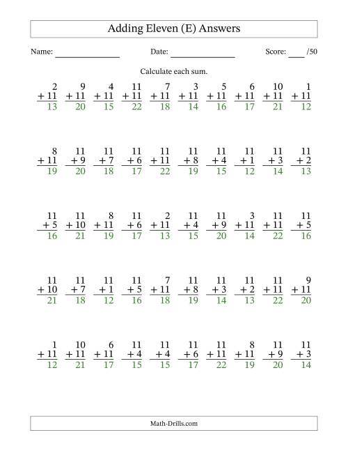 The Adding Eleven With The Other Addend From 1 to 11 – 50 Questions (E) Math Worksheet Page 2