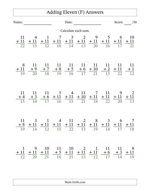 The Adding Eleven With The Other Addend From 1 to 11 – 50 Questions (F) Math Worksheet Page 2