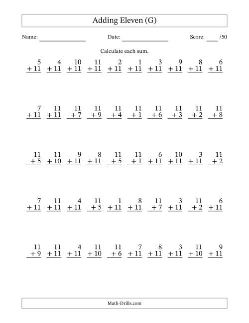 The Adding Eleven With The Other Addend From 1 to 11 – 50 Questions (G) Math Worksheet
