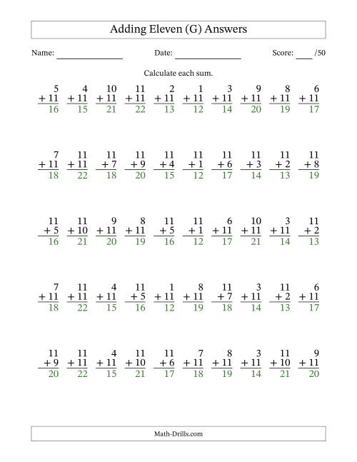 The Adding Eleven With The Other Addend From 1 to 11 – 50 Questions (G) Math Worksheet Page 2