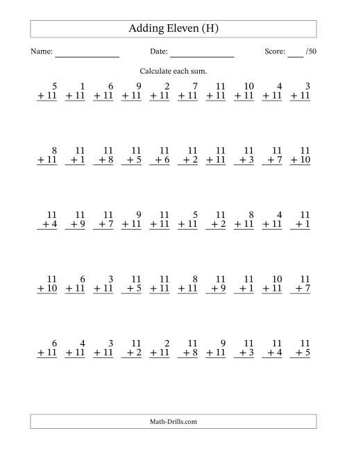 The Adding Eleven With The Other Addend From 1 to 11 – 50 Questions (H) Math Worksheet