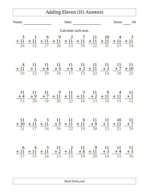 The Adding Eleven With The Other Addend From 1 to 11 – 50 Questions (H) Math Worksheet Page 2
