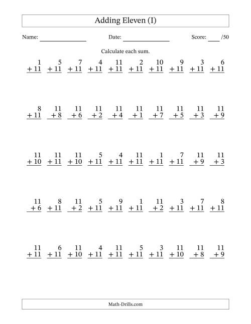 The Adding Eleven With The Other Addend From 1 to 11 – 50 Questions (I) Math Worksheet