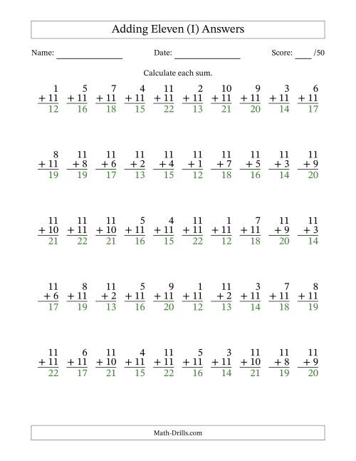The Adding Eleven With The Other Addend From 1 to 11 – 50 Questions (I) Math Worksheet Page 2