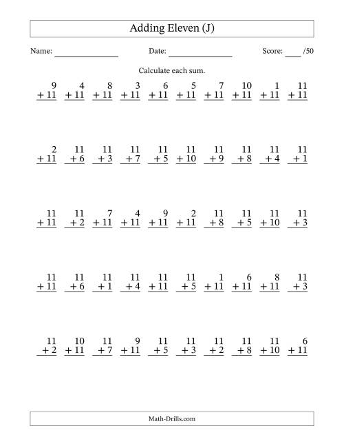 The Adding Eleven With The Other Addend From 1 to 11 – 50 Questions (J) Math Worksheet
