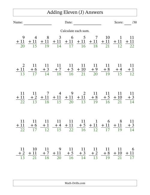 The Adding Eleven With The Other Addend From 1 to 11 – 50 Questions (J) Math Worksheet Page 2