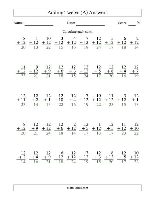 The Adding Twelve With The Other Addend From 1 to 12 – 50 Questions (A) Math Worksheet Page 2